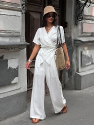 2026 New Spring/Summer White Two-Piece Suit with Tie-Waist Irregular Hem Short Sleeve Elegant Long Pants