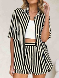 2026 European and American style striped shirt and shorts two-piece womens set