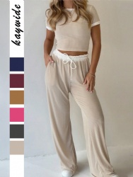 2026 European and American spring/summer short-sleeved casual wide-leg womens trousers sportswear two-piece home wear